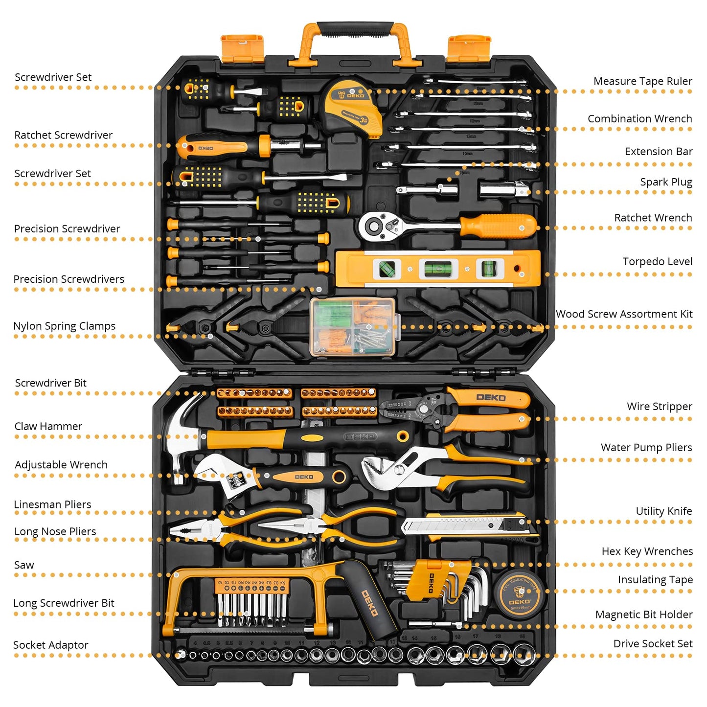 DEKOPRO 228 Piece Socket Wrench Auto Repair Tool Combination Package Mixed Tool Set Hand Tool Kit with Plastic Toolbox Storage Case